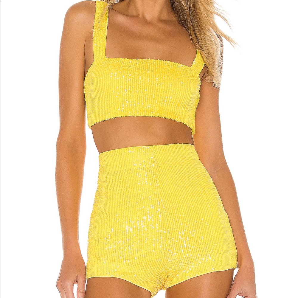 NBD Yellow Sequin High-Waist Shorts
